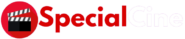 logo of special cine a website for short films on a black background with a black clapper and red circle