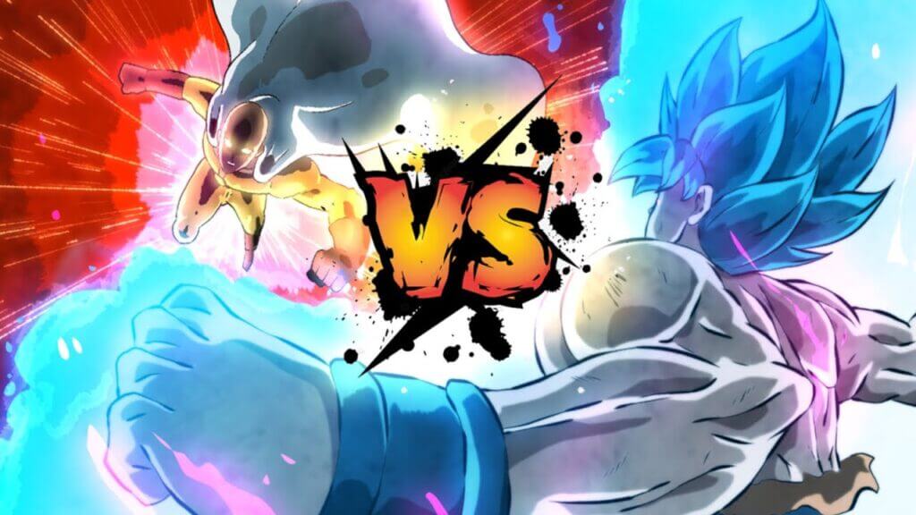 goku and saitama fighting with red and blue colours