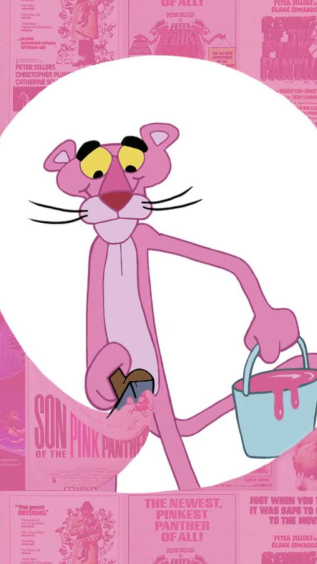 the pink panther using pink paint from a bucket of paint