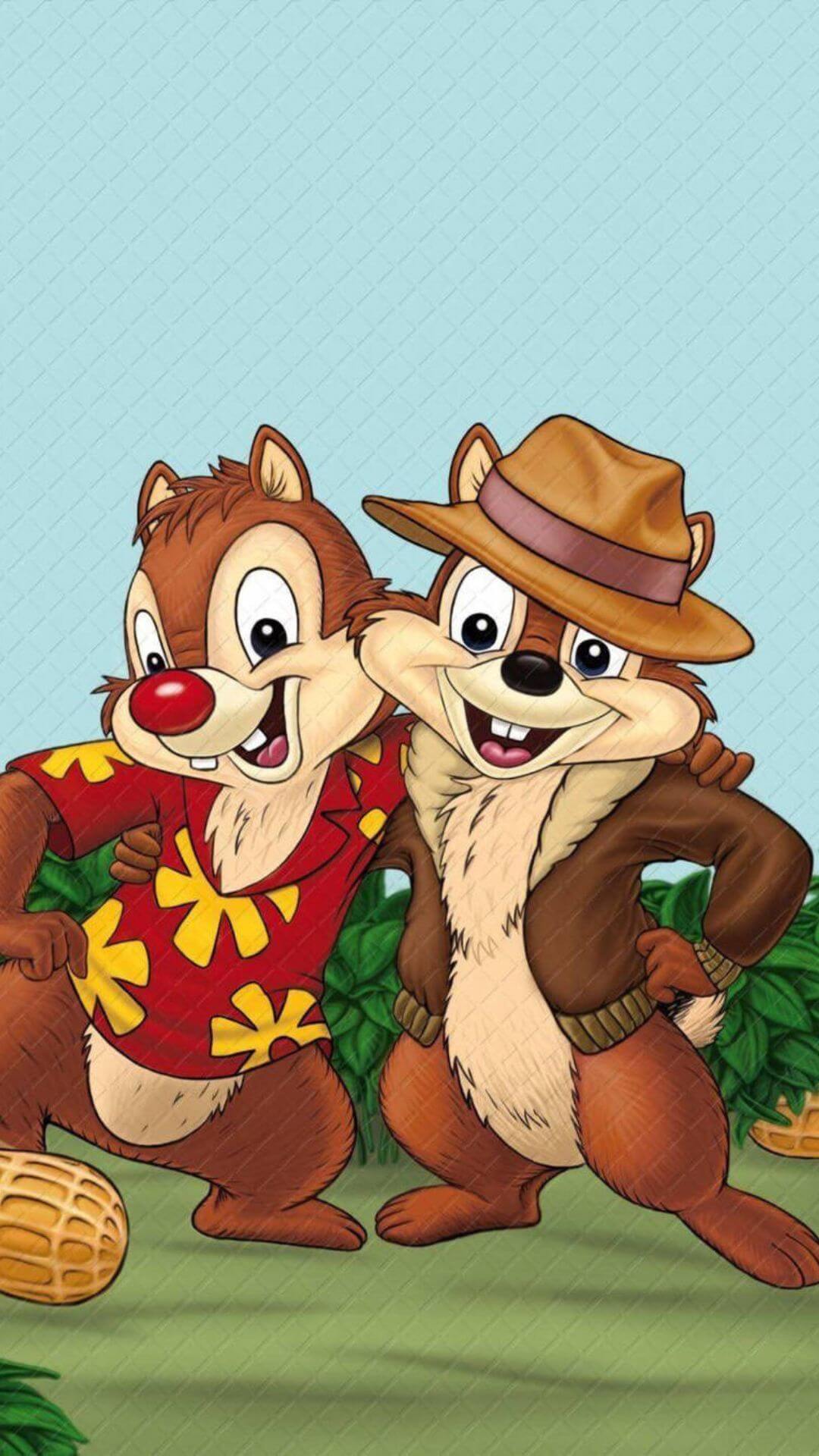 two chipmunk chip and dale wearing a red shirt and a brown coat