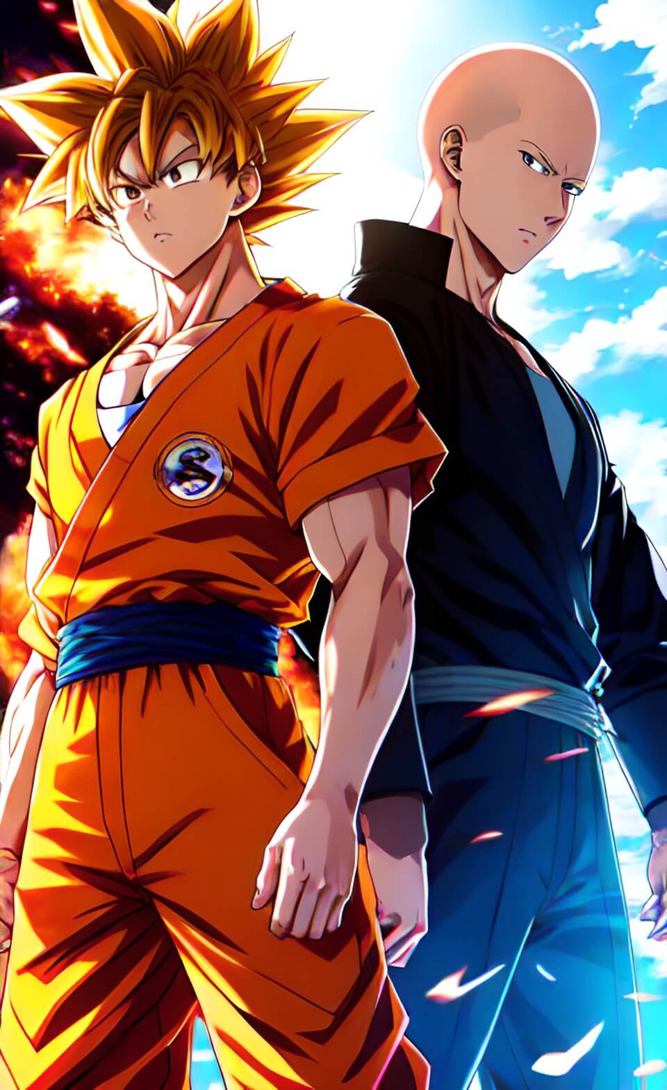 goku from dragon ball series and saitama from one punch man with their backs to each other