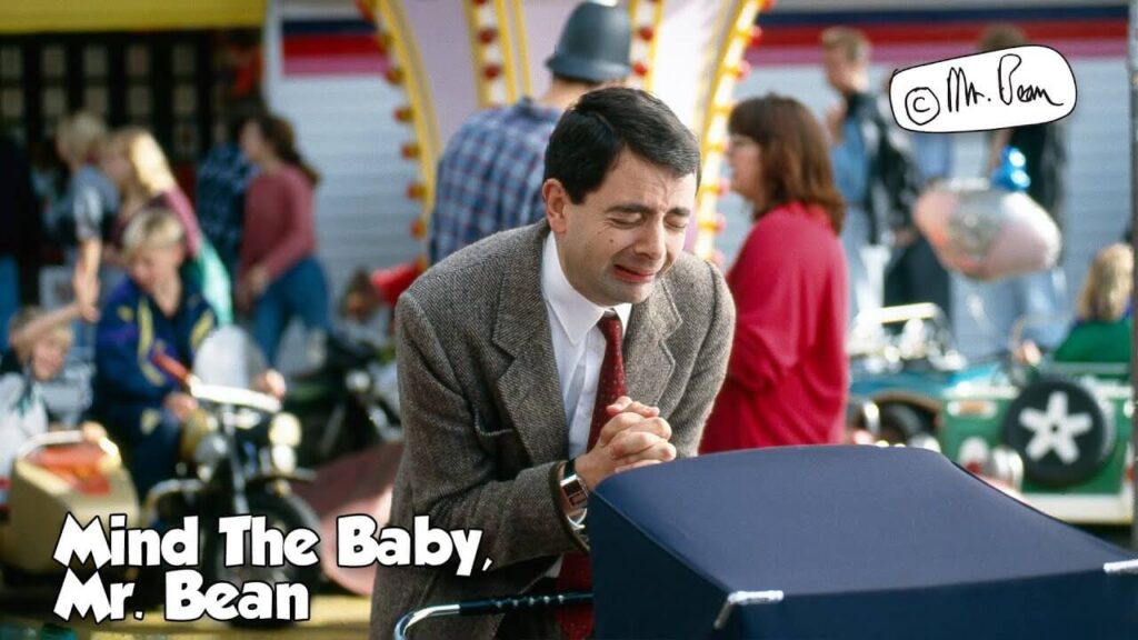 mr bean crying in front of a blue pram with a baby in it