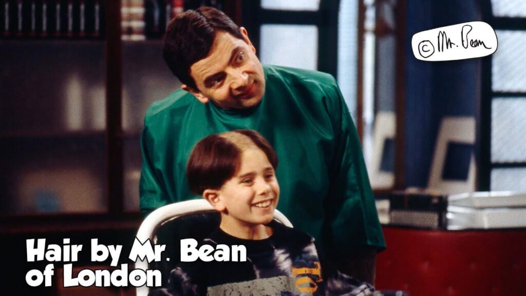 mr bean acting as barber and standing with a guy who got his hair cut wrong