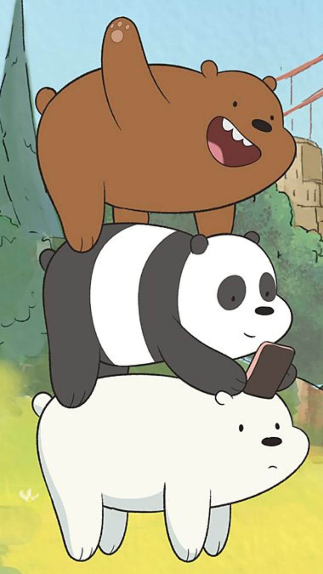 grizzly bear on top of panda on top of polar bear in front of a city in a forest