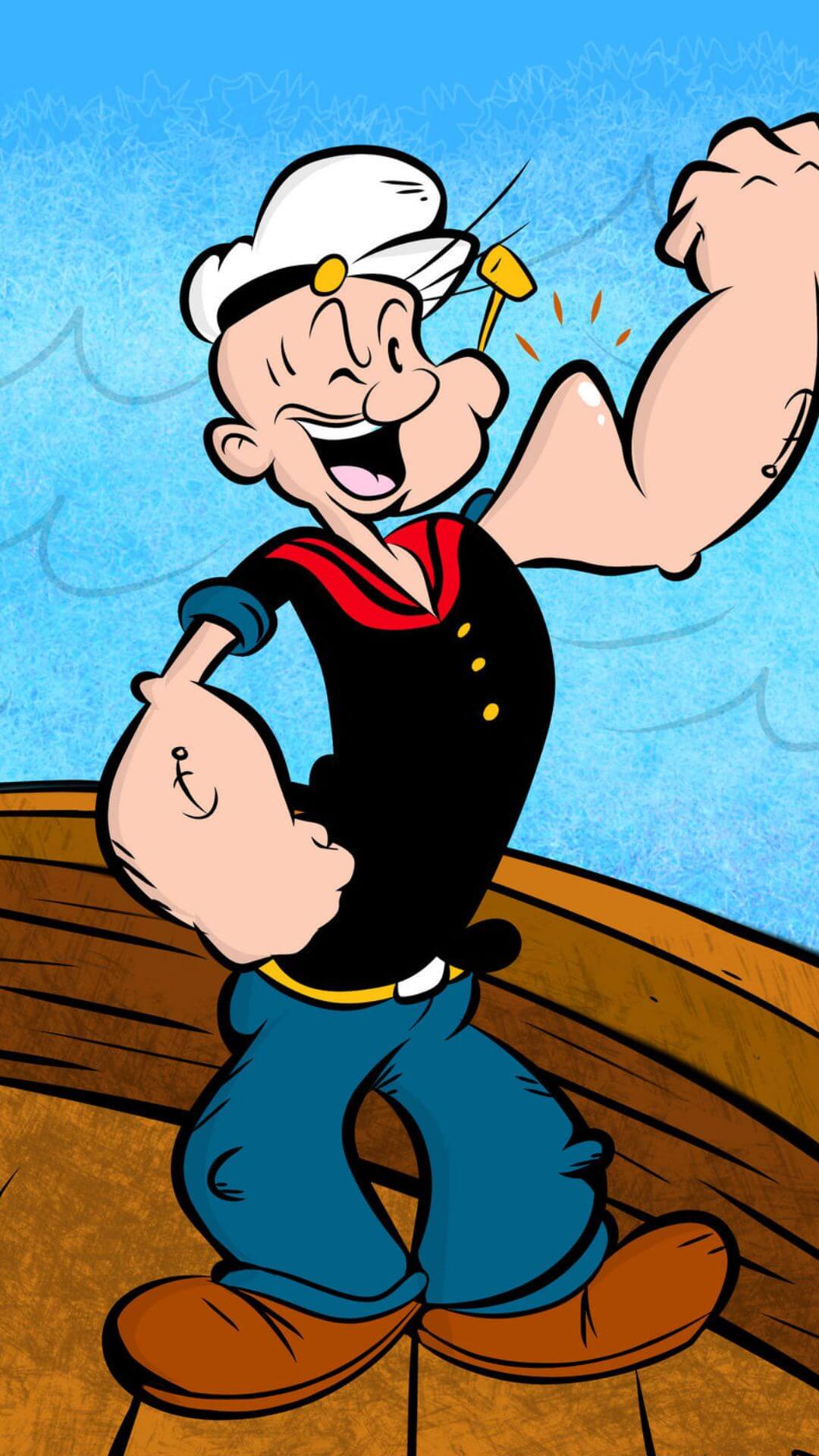 popeye the sailor man with his pipe in mouth on a boat