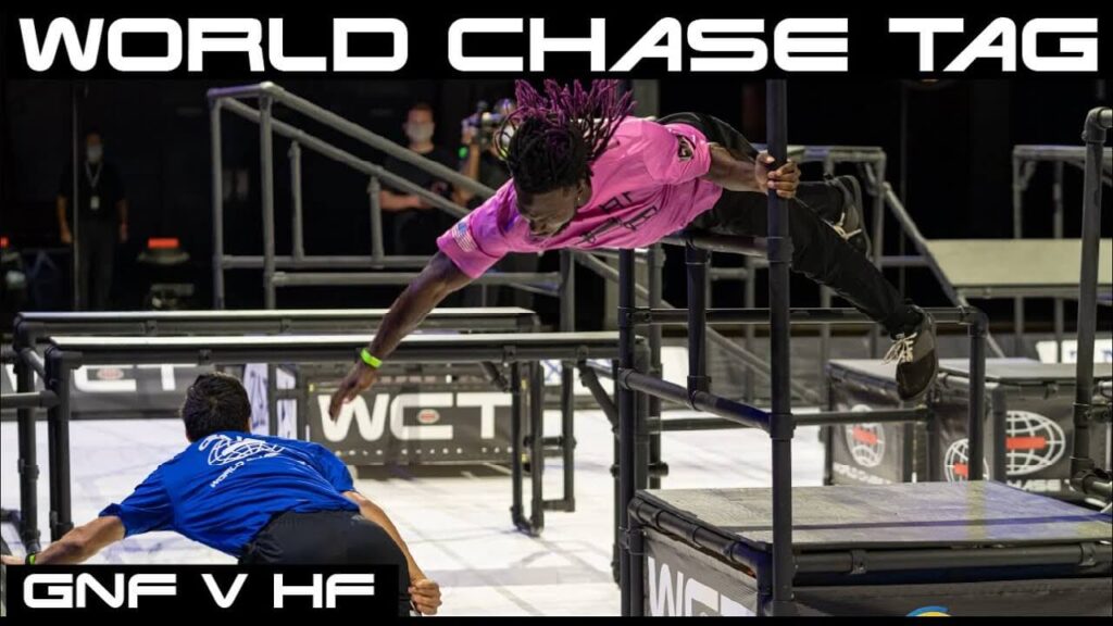 Two players competing in world chase tag gnf vs hollywood freerunners