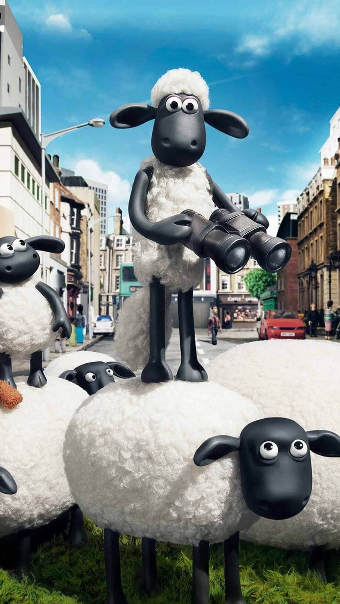 shaun the sheep standing on other sheeps holding binoculars