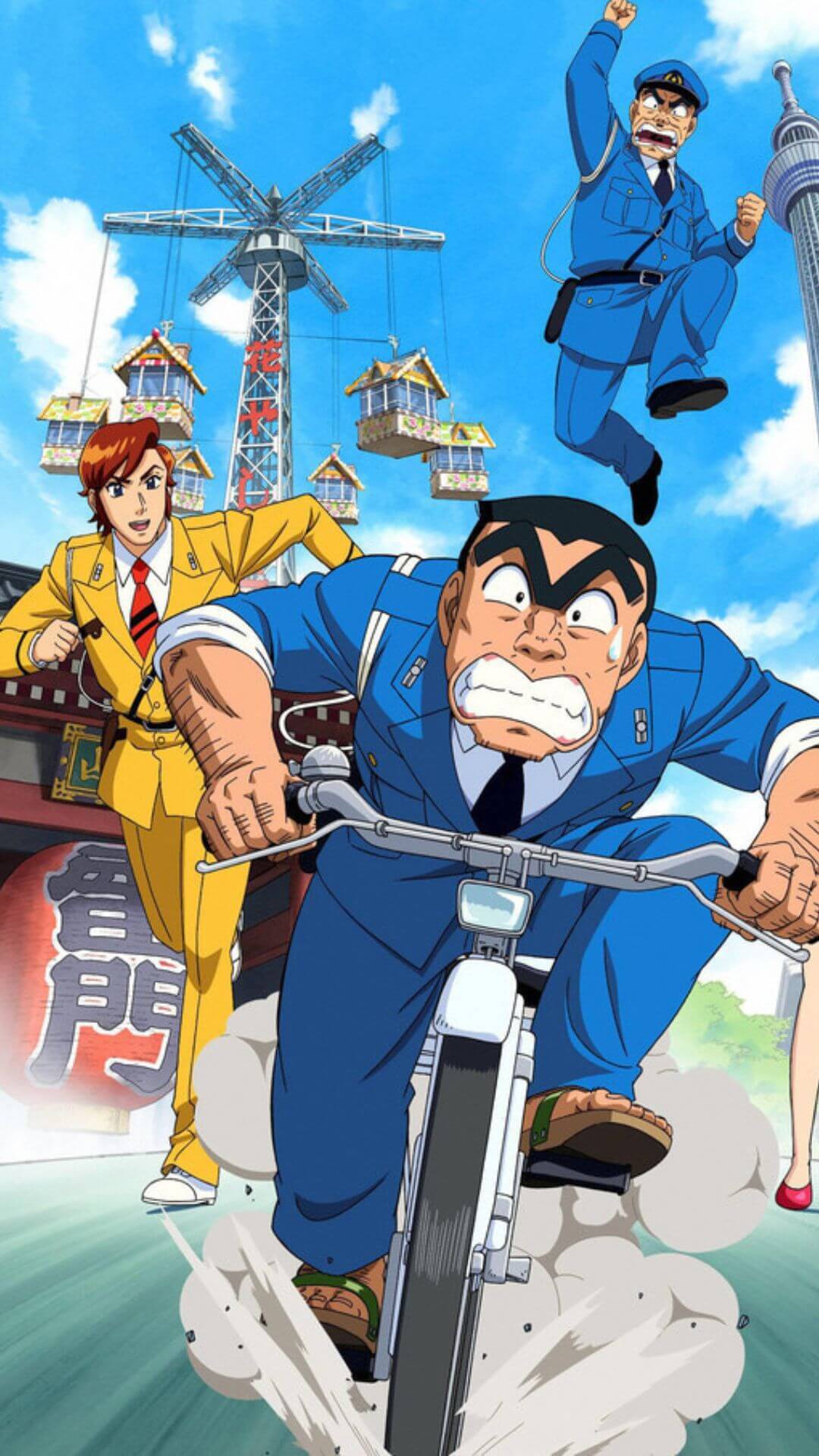 kochikame the police offier is running away on a bicycle