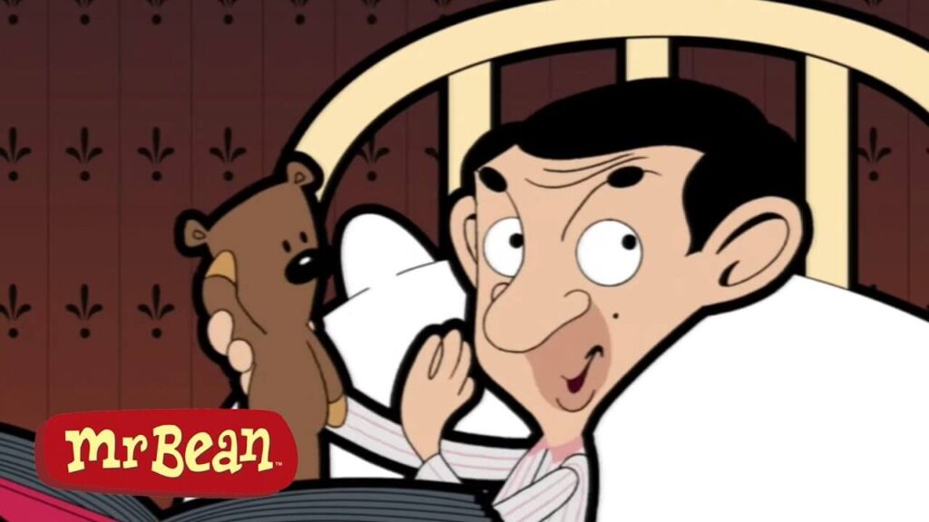 mr bean with his teddy bear in bed
