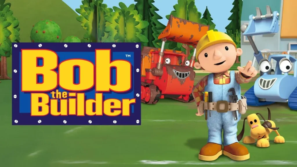 bob the builder in his yellow construction helmet and orange shirt with his machines and vehicles behind him