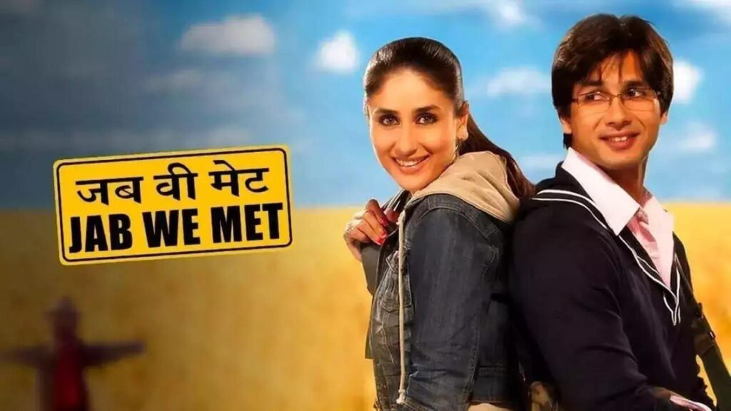 kareena kapoor as geet sitting with shahid kapoor as aditya in a field next to the poster of Jab we met