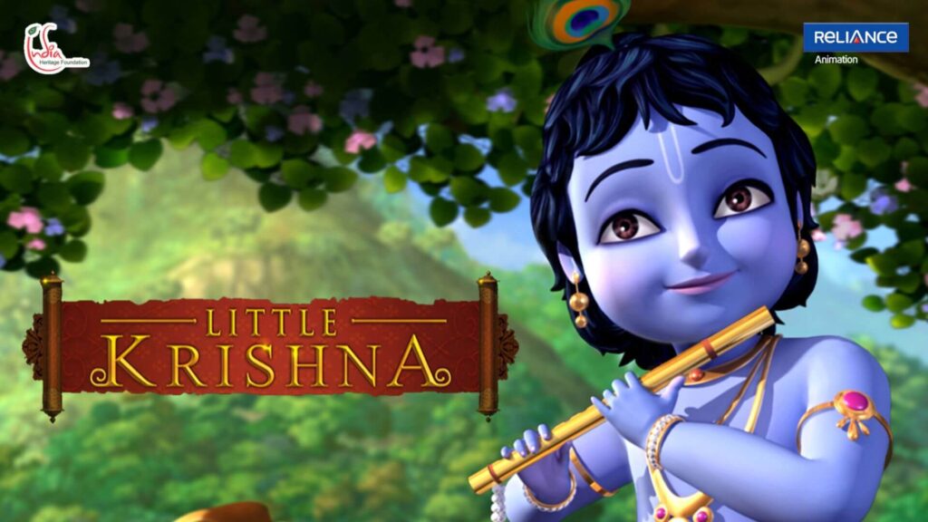 little krishna playing a flute in a forest