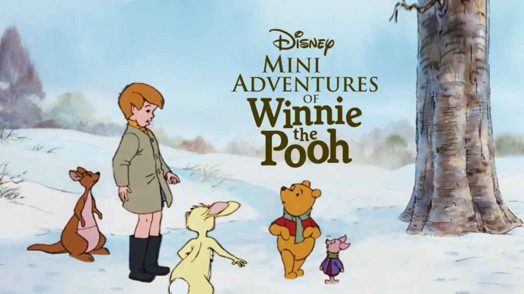 winnie the pooh kangaroo bunny and all the other animals in snow looking at a tree