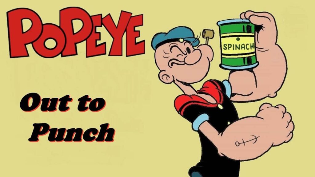 popeye with his can of spinach and a pipe in his mouth in front of a yellow background