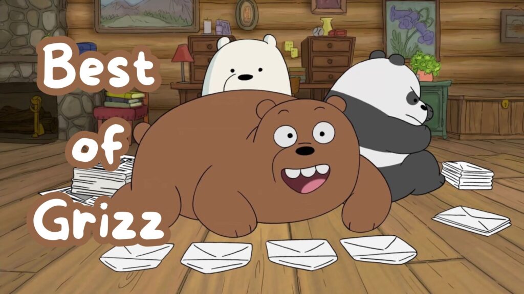 grizzly bear smiling and panda and polar bear sitting behind him in a wooden cabin