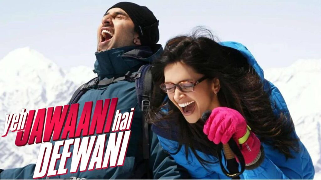 ranbir kapoor and deepika padukone close to each other laughing in snow hills of manali